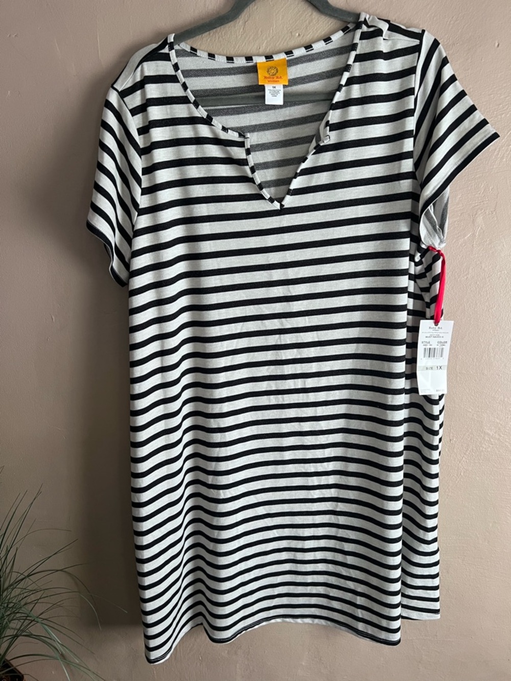 Ruby Rd. Black and White Striped V-Neck Tunic Dress
